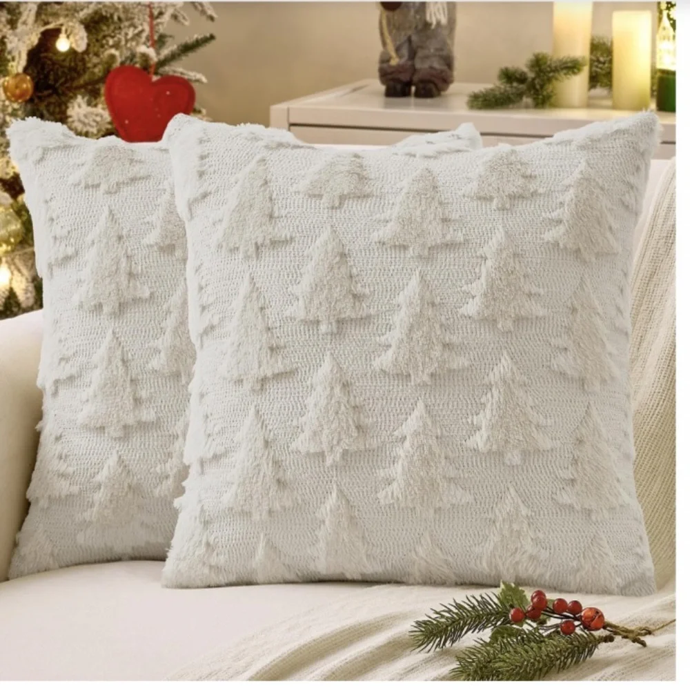 White Faux Wool Holiday Pillow Covers Square 18x18” (2-pack)